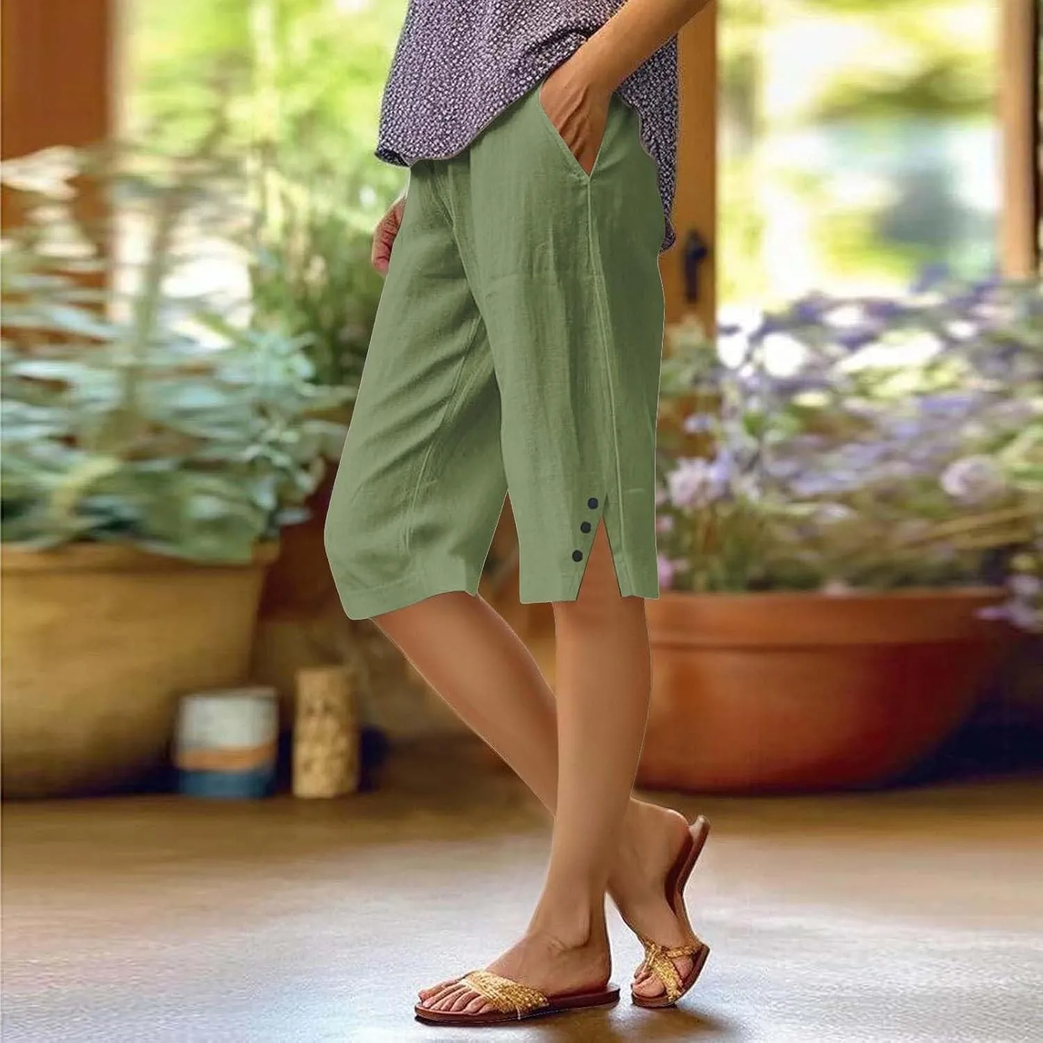 Bermuda Shorts for Women Wide Leg Linen Knee Length Summer Casual Long Shorts Loose High Waisted Short with Pockets