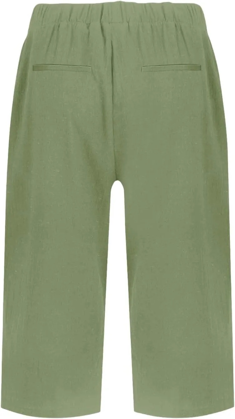 Bermuda Shorts for Women Wide Leg Linen Knee Length Summer Casual Long Shorts Loose High Waisted Short with Pockets