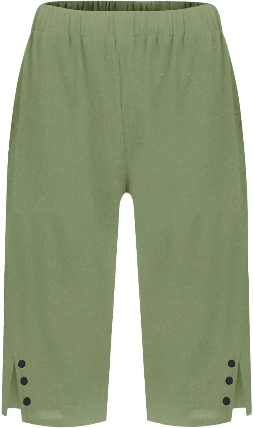 Bermuda Shorts for Women Wide Leg Linen Knee Length Summer Casual Long Shorts Loose High Waisted Short with Pockets