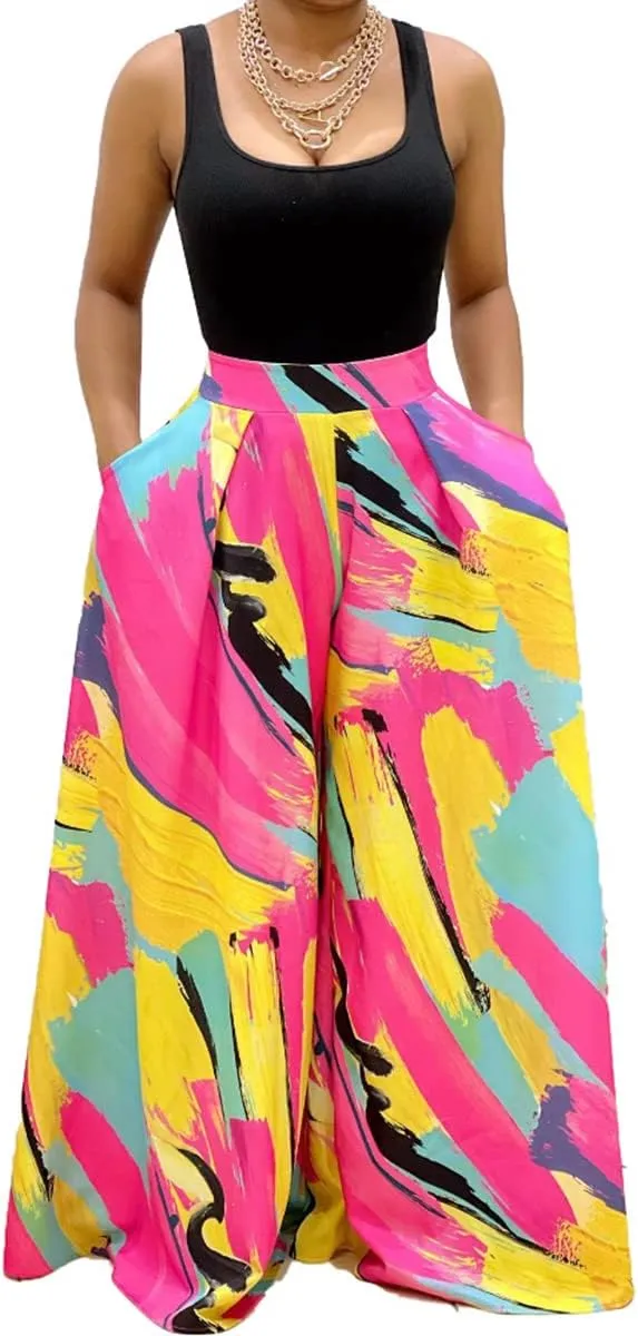 BFFBABY Womens Casual Palazzo Pants High Waist Printed Ruched Loose Flowy Lounge Wide Leg Pants (M-3XL)