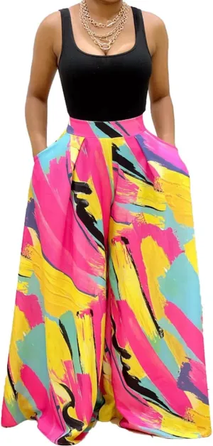 BFFBABY Womens Casual Palazzo Pants High Waist Printed Ruched Loose Flowy Lounge Wide Leg Pants (M-3XL)