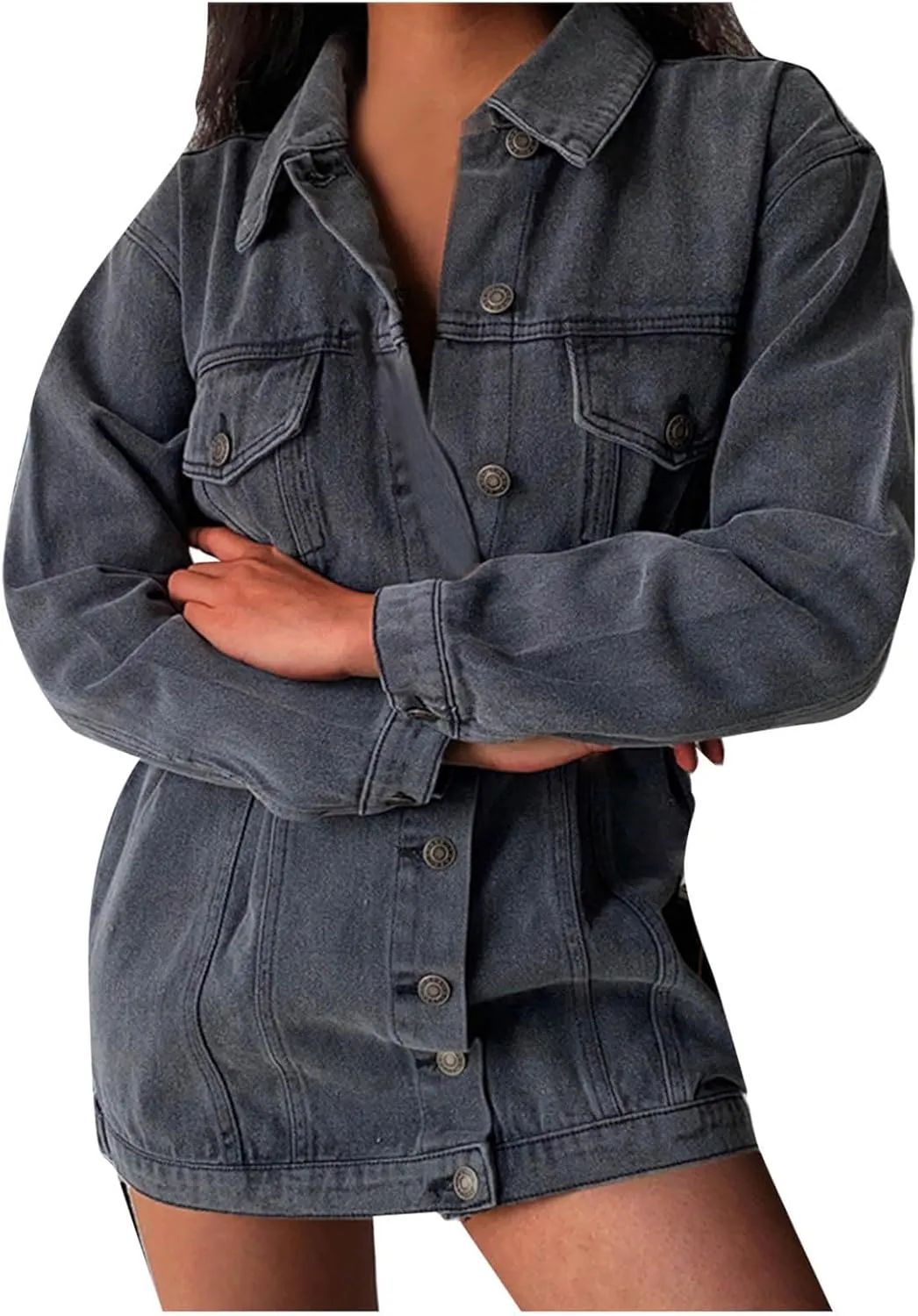 BTDECLAR Womens Casual Denim Jacket Midi Long Jean Skirt Babydoll Slim Fit Lapel Pleated Long Sleeve Denim Dress Jean Jacket