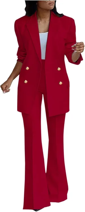 Business Casual Clothes for Women Fashion Work Suit Two Piece Outfits Dressy Button Blazer and Wide Leg Pant Suit Set
