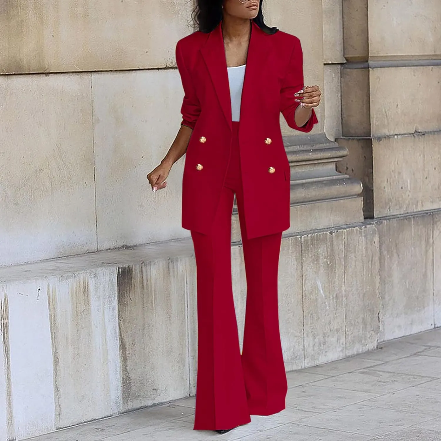 Business Casual Clothes for Women Fashion Work Suit Two Piece Outfits Dressy Button Blazer and Wide Leg Pant Suit Set