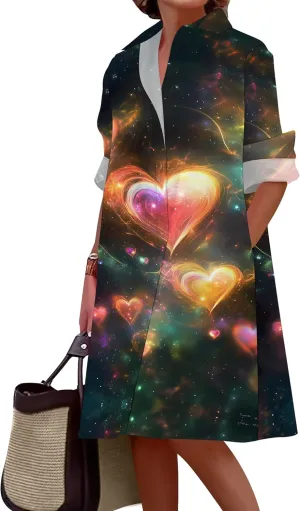 Button Down Shirt Dress for Women Casual Loose Long Sleeve Shirts A-Line Midi Shift Tunic Dress with Pockets