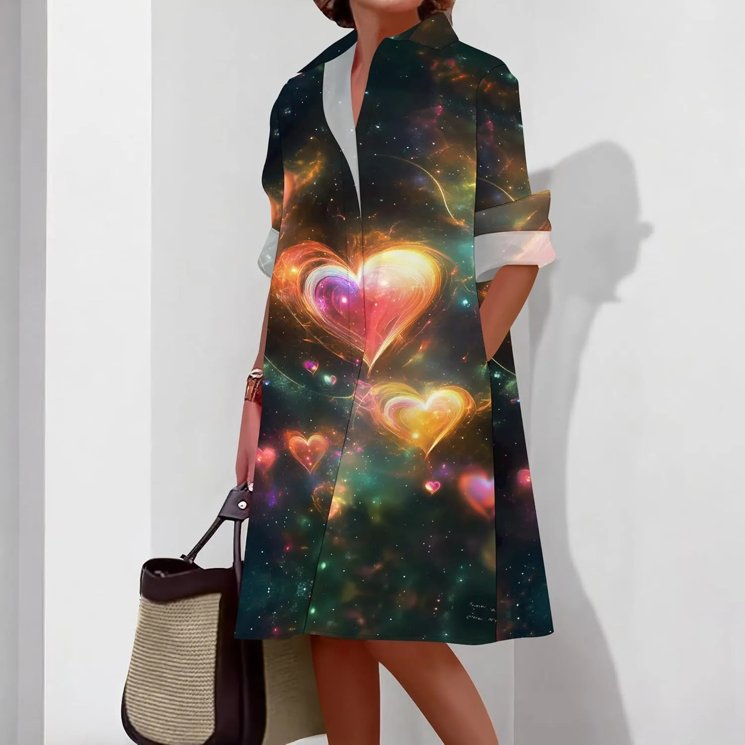 Button Down Shirt Dress for Women Casual Loose Long Sleeve Shirts A-Line Midi Shift Tunic Dress with Pockets
