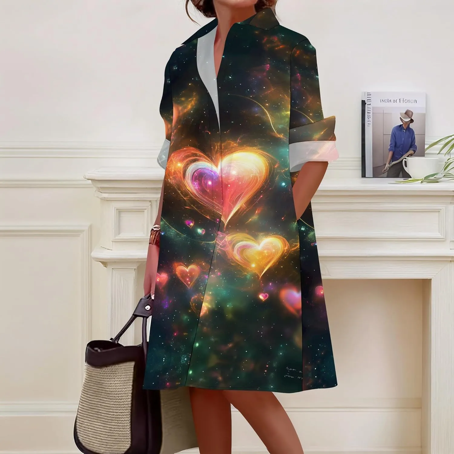 Button Down Shirt Dress for Women Casual Loose Long Sleeve Shirts A-Line Midi Shift Tunic Dress with Pockets