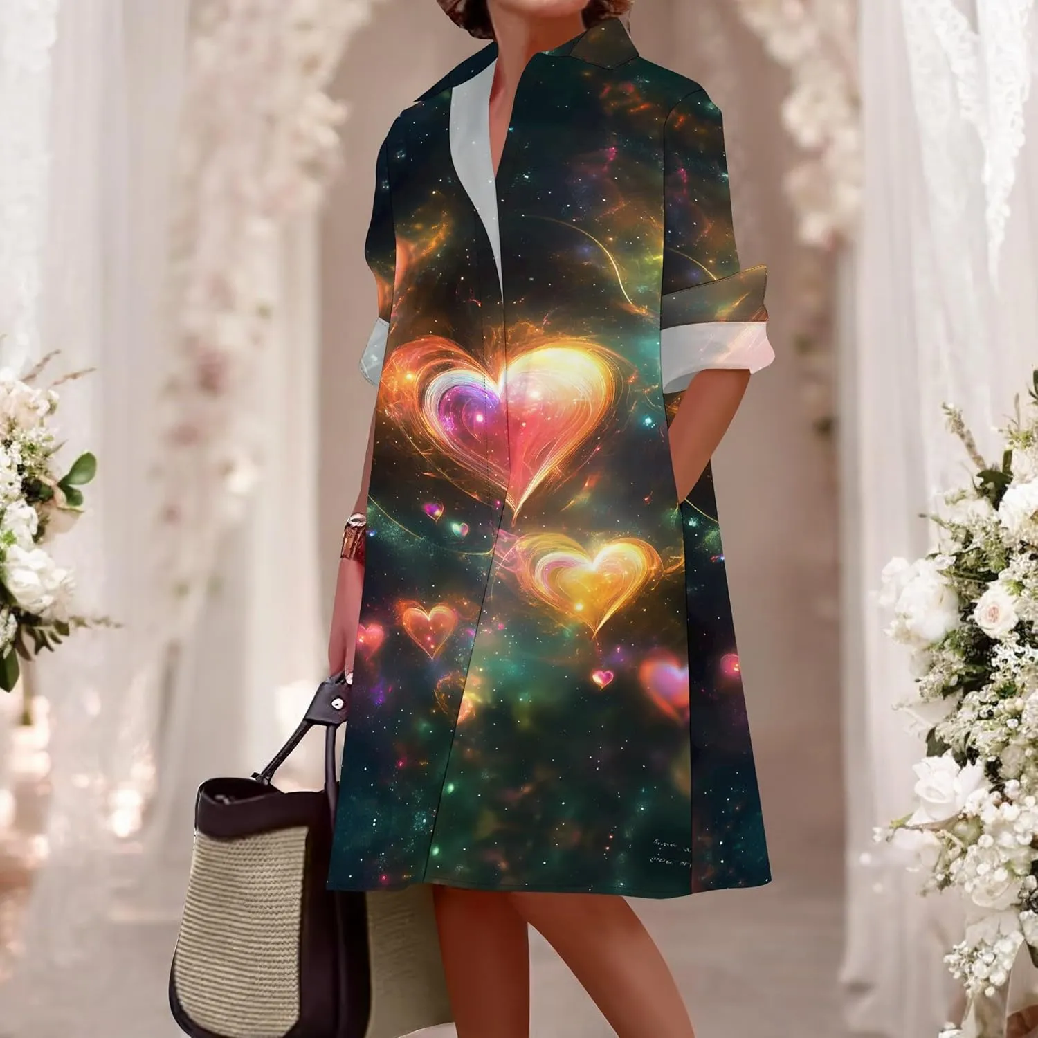 Button Down Shirt Dress for Women Casual Loose Long Sleeve Shirts A-Line Midi Shift Tunic Dress with Pockets
