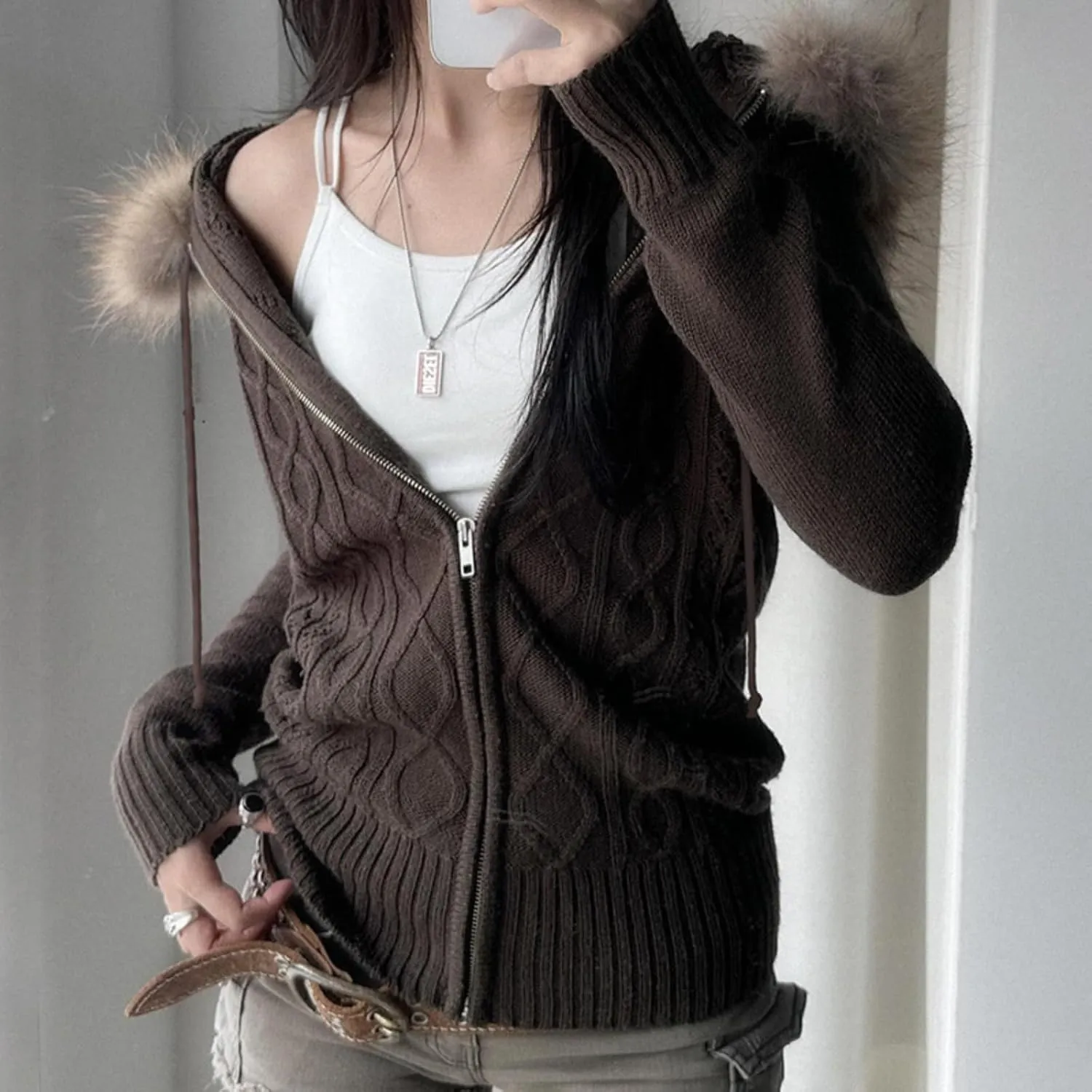 Cable Knit Sweater Cardigan Women Y2k Slim Fit Knit Zip Up Hoodie Sweater Jacket with Fur Trim Fall Streetwear