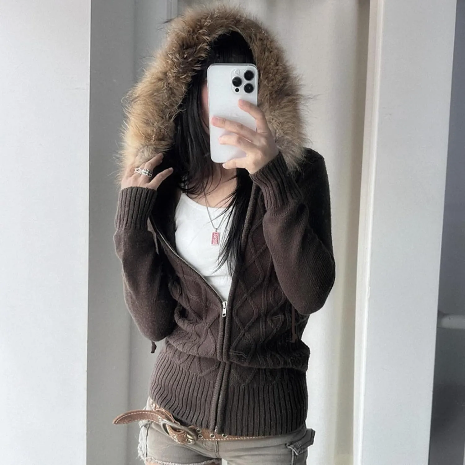 Cable Knit Sweater Cardigan Women Y2k Slim Fit Knit Zip Up Hoodie Sweater Jacket with Fur Trim Fall Streetwear