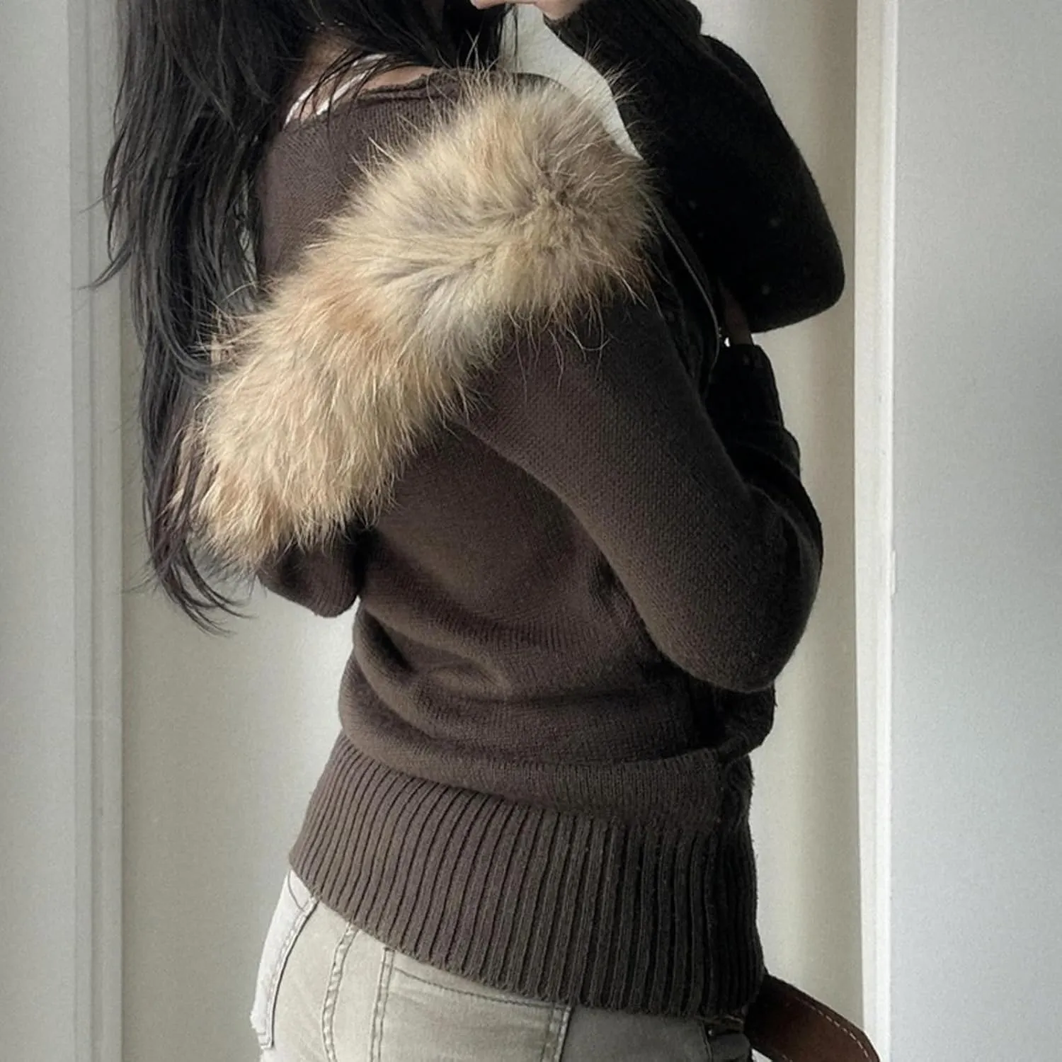 Cable Knit Sweater Cardigan Women Y2k Slim Fit Knit Zip Up Hoodie Sweater Jacket with Fur Trim Fall Streetwear