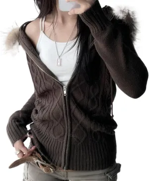 Cable Knit Sweater Cardigan Women Y2k Slim Fit Knit Zip Up Hoodie Sweater Jacket with Fur Trim Fall Streetwear