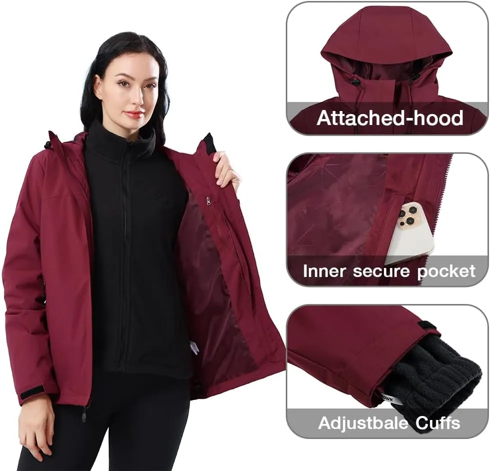 CAMEL CROWN Women's Ski Jacket Waterproof 3 in 1 Winter Coat with Fleece Inner Warm Windproof For Snow Outdoor Hiking
