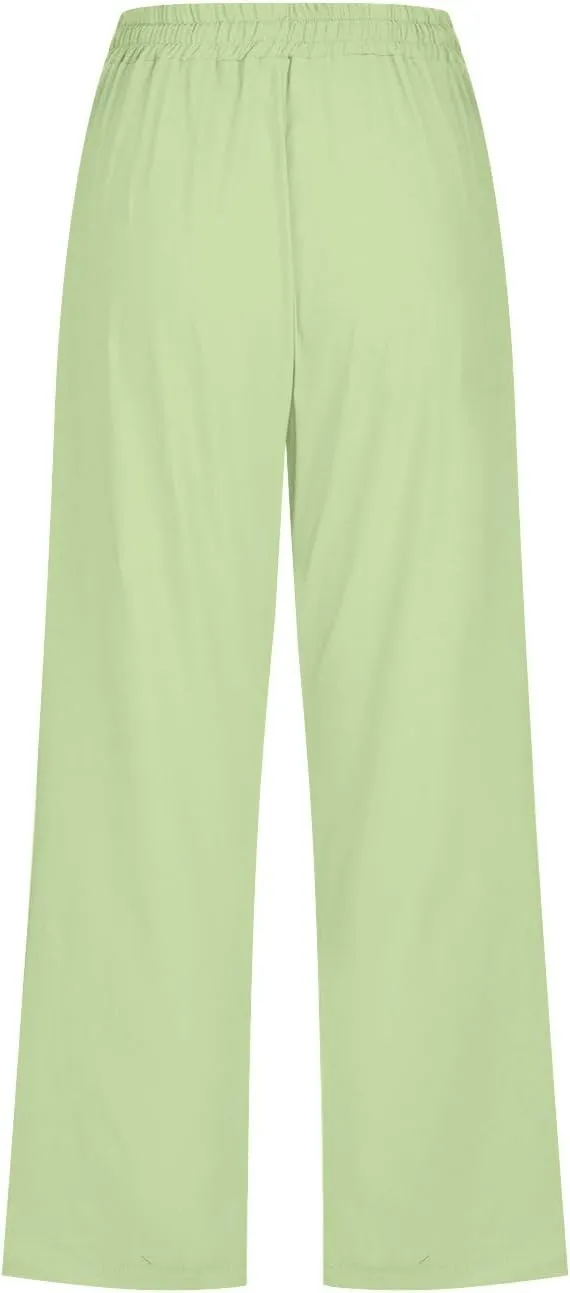 Capri Pants for Women Casual Linen Pants Summer Elastic High Waist Capris Loose Fit Straight Wide Leg Cropped Trouser