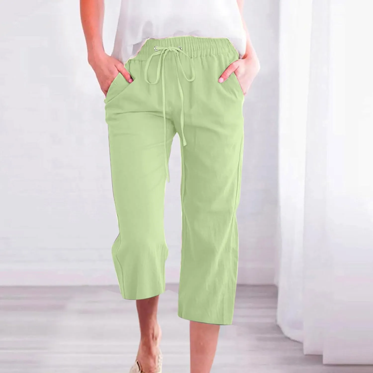 Capri Pants for Women Casual Linen Pants Summer Elastic High Waist Capris Loose Fit Straight Wide Leg Cropped Trouser