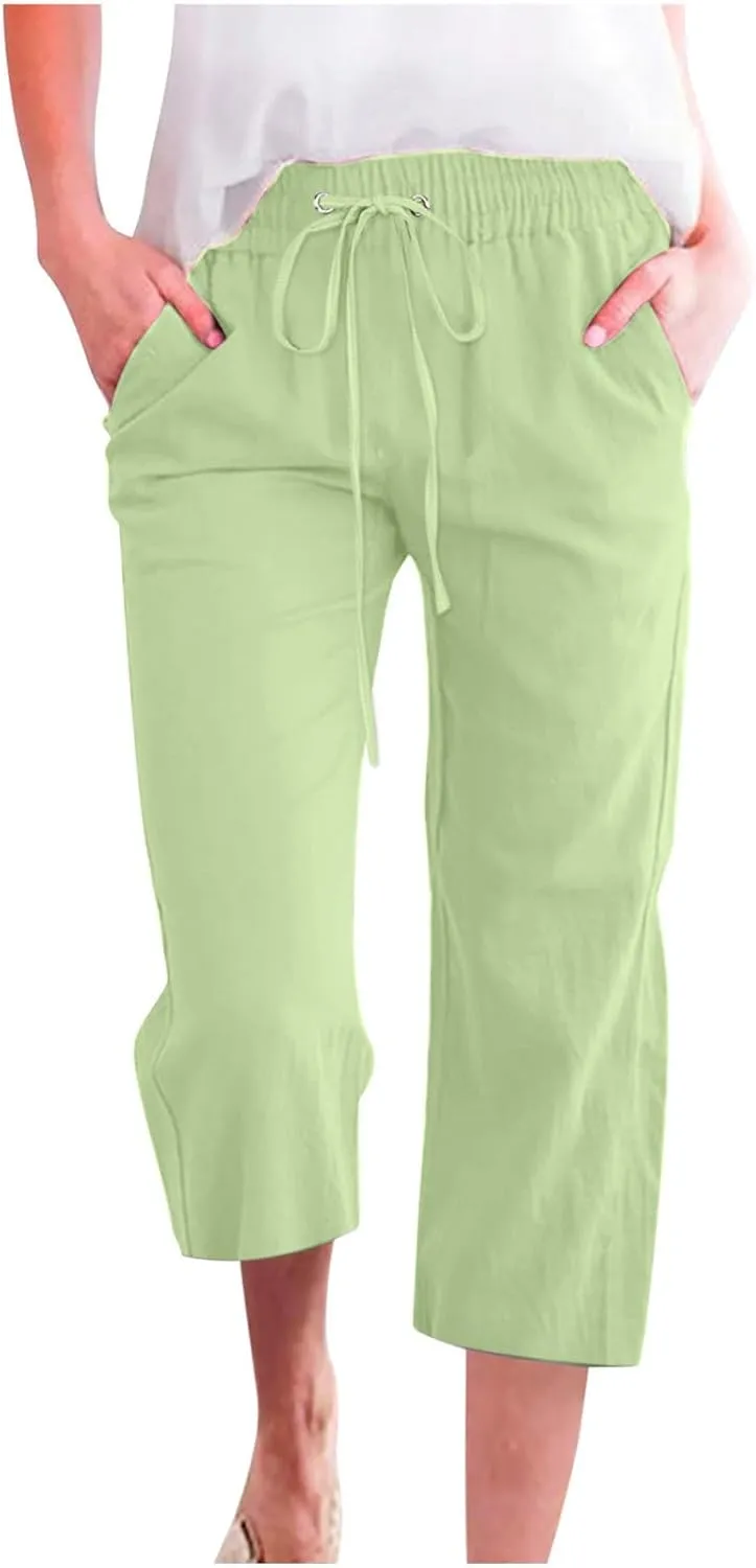 Capri Pants for Women Casual Linen Pants Summer Elastic High Waist Capris Loose Fit Straight Wide Leg Cropped Trouser
