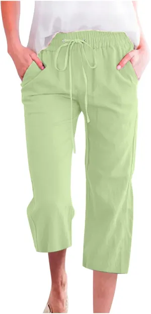 Capri Pants for Women Casual Linen Pants Summer Elastic High Waist Capris Loose Fit Straight Wide Leg Cropped Trouser