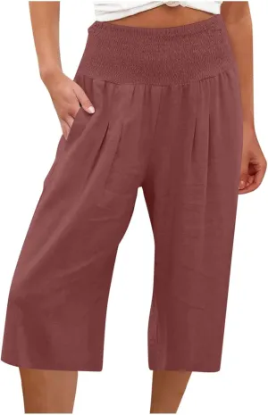 Capri Pants for Women Cotton Linen Summer Casual Wide Leg Capris Smocked High Waist Cropped Trousers with Pockets