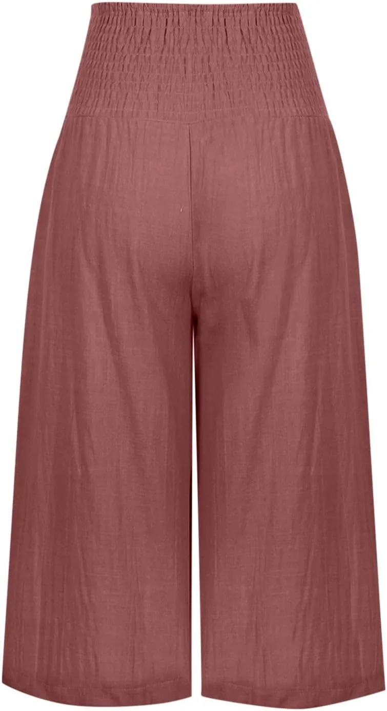 Capri Pants for Women Cotton Linen Summer Casual Wide Leg Capris Smocked High Waist Cropped Trousers with Pockets