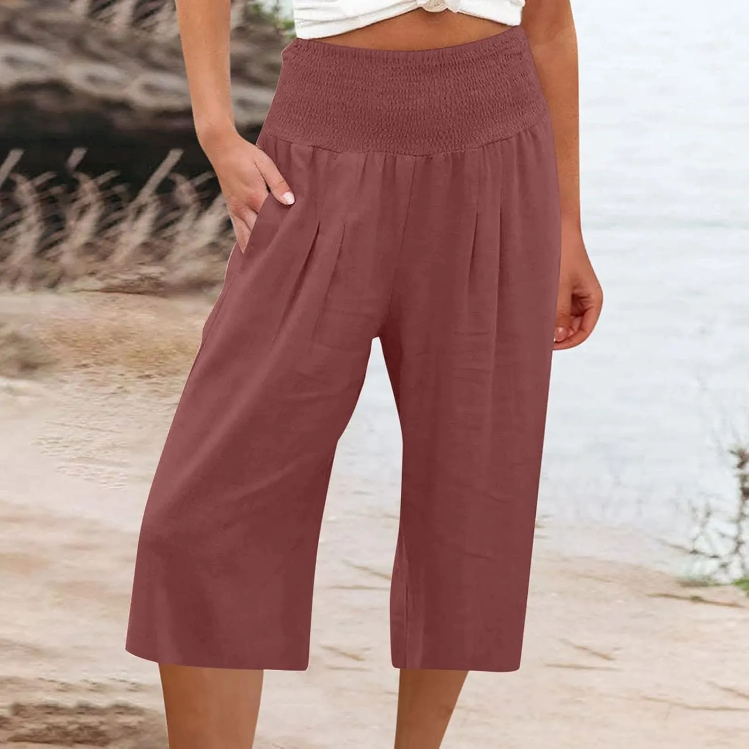 Capri Pants for Women Cotton Linen Summer Casual Wide Leg Capris Smocked High Waist Cropped Trousers with Pockets