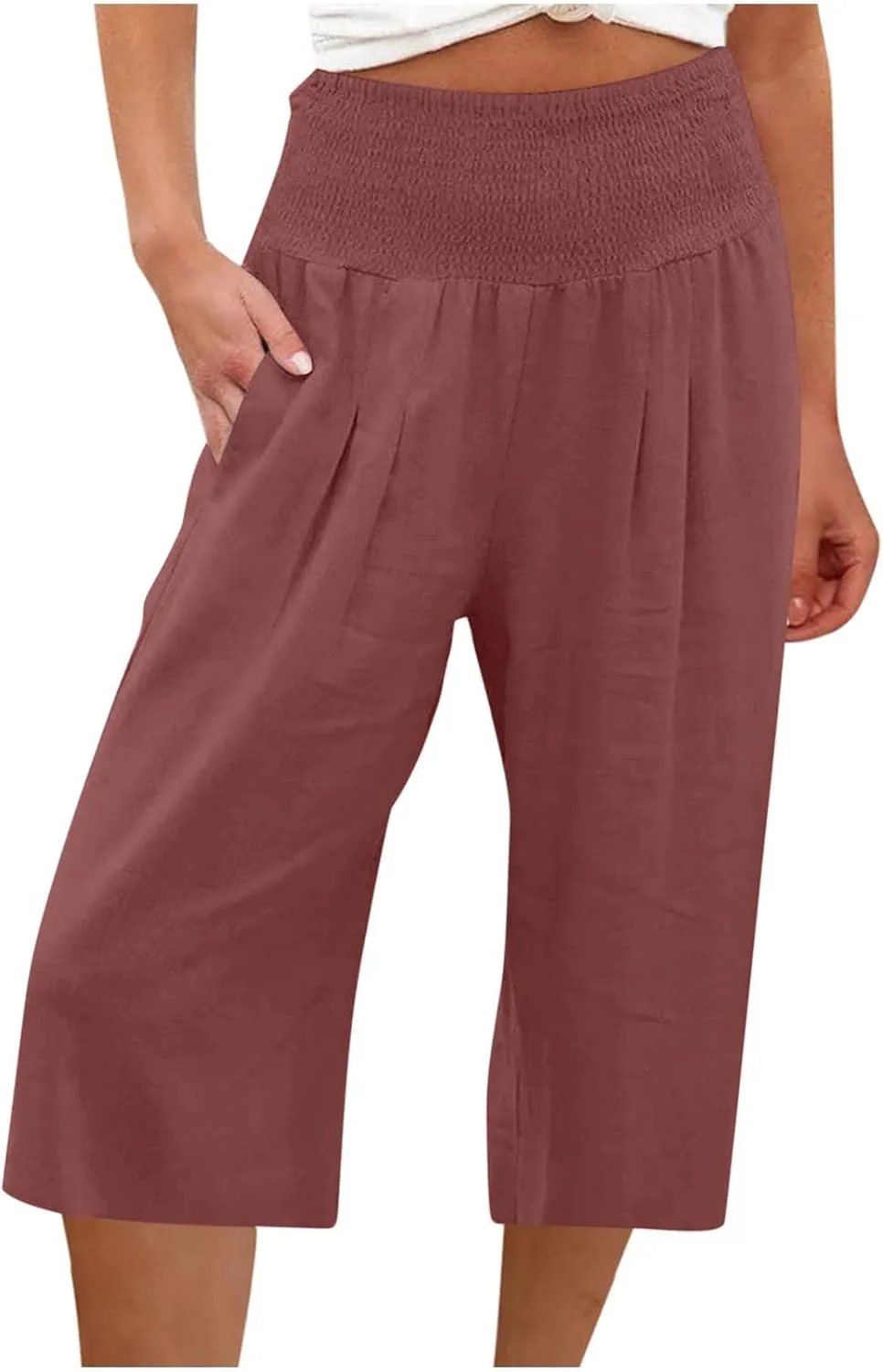 Capri Pants for Women Cotton Linen Summer Casual Wide Leg Capris Smocked High Waist Cropped Trousers with Pockets