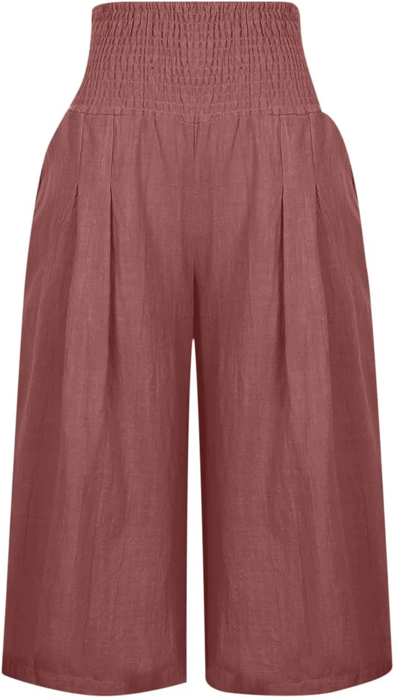 Capri Pants for Women Cotton Linen Summer Casual Wide Leg Capris Smocked High Waist Cropped Trousers with Pockets