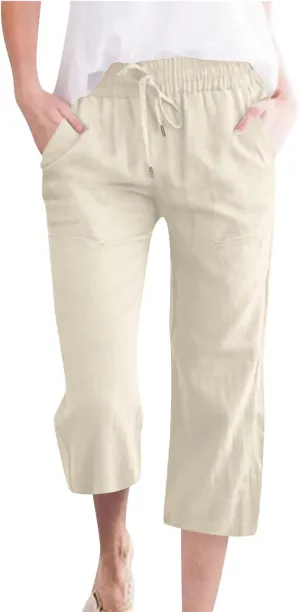 Capri Pants for Women Summer Casual Lounge Pants Cotton Linen Soft Drawstring Baggy Cropped Trousers with Pockets