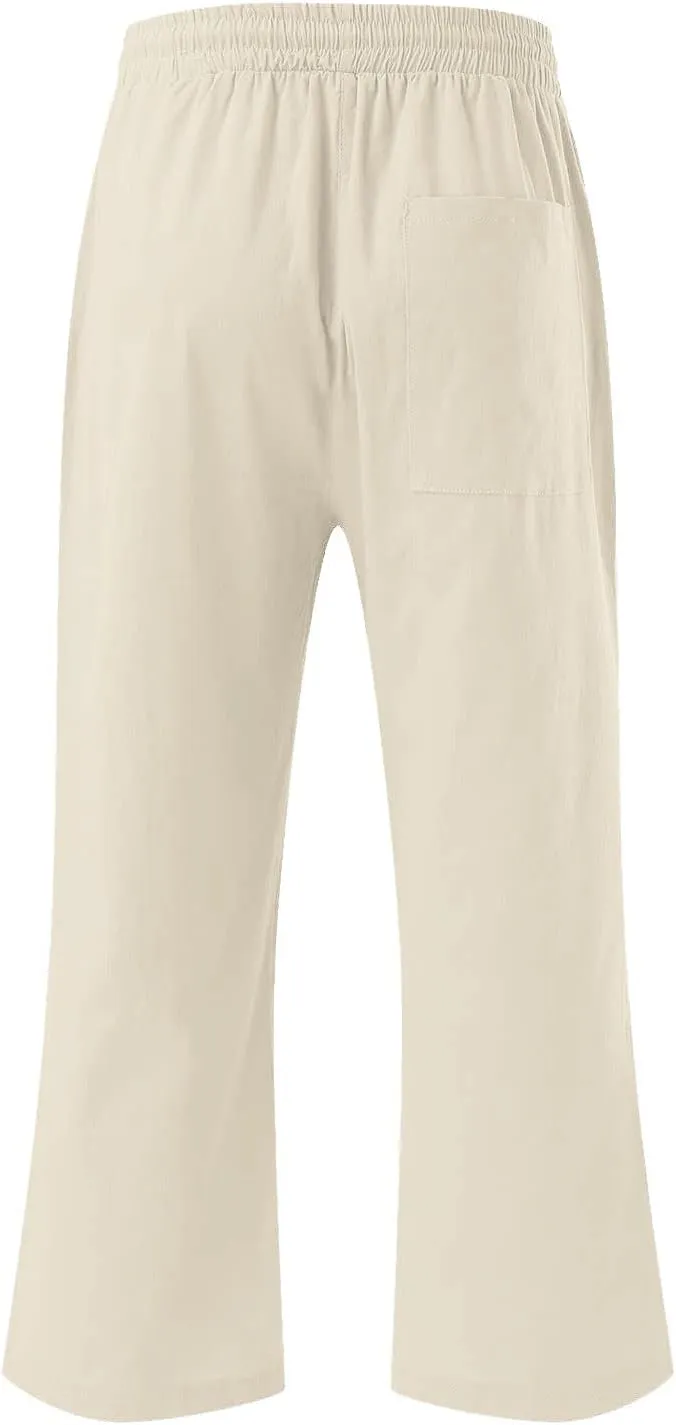 Capri Pants for Women Summer Casual Lounge Pants Cotton Linen Soft Drawstring Baggy Cropped Trousers with Pockets
