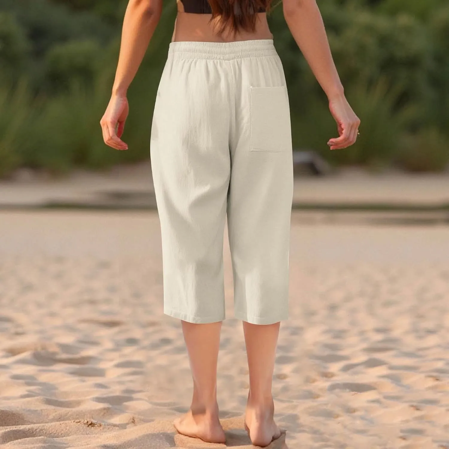Capri Pants for Women Summer Casual Lounge Pants Cotton Linen Soft Drawstring Baggy Cropped Trousers with Pockets