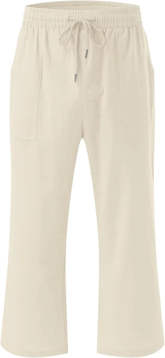 Capri Pants for Women Summer Casual Lounge Pants Cotton Linen Soft Drawstring Baggy Cropped Trousers with Pockets