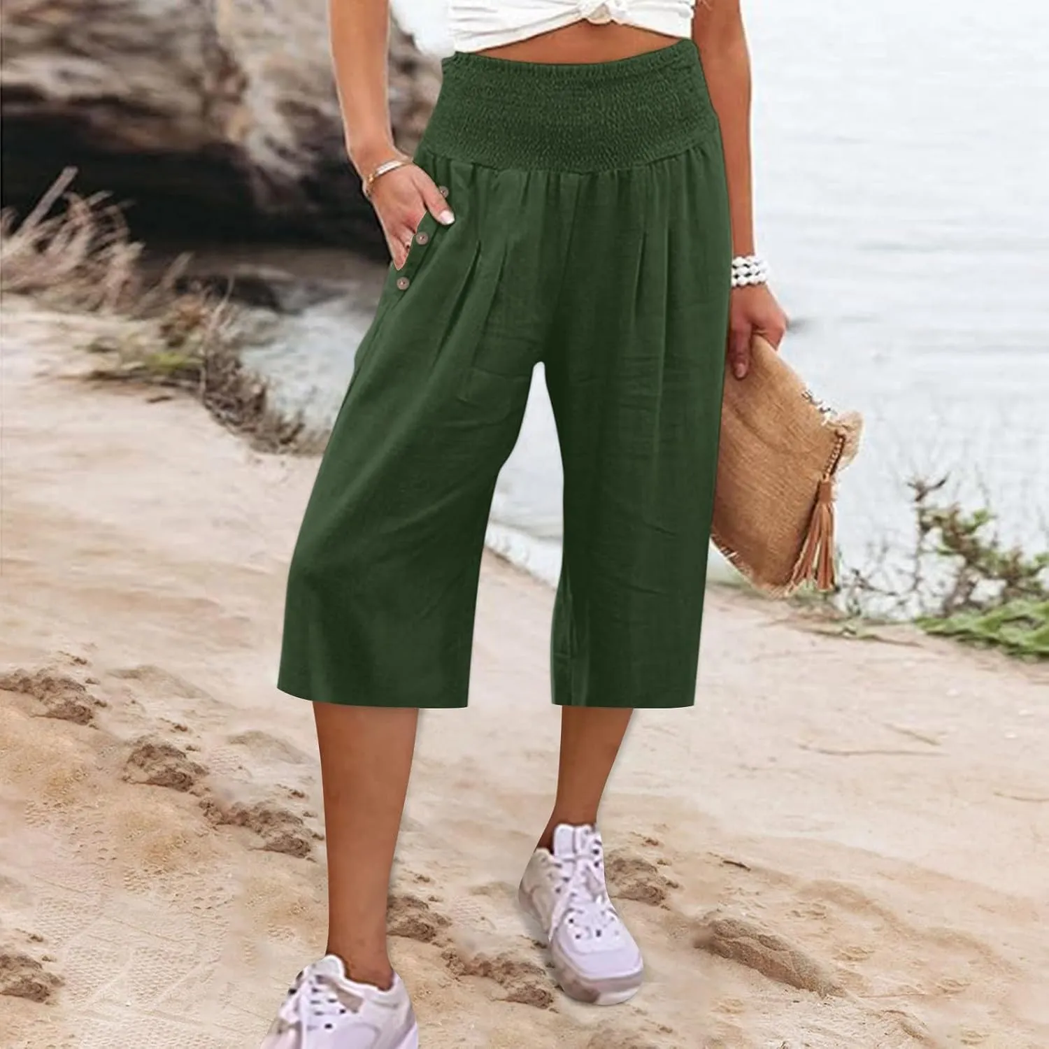 Capri Pants for Women, Wide Leg with Pockets High Waist Tummy Control