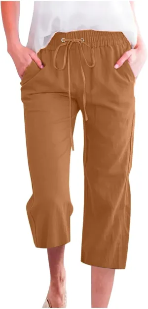 Capris Pants for Women Cotton Linen Casual Summer 2025 Straight Wide Leg Loose Drawstring Elastic Waist Cropped Trouser S-5X