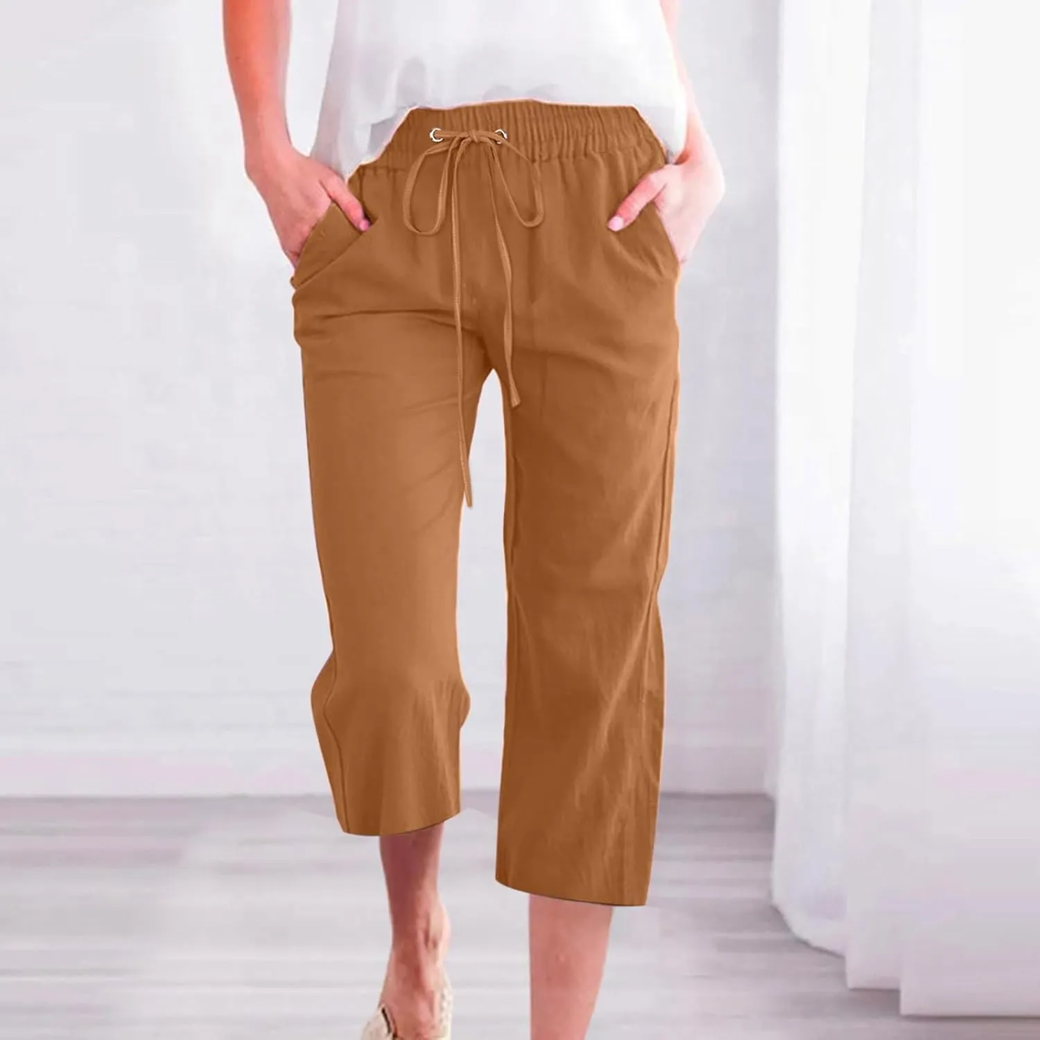 Capris Pants for Women Cotton Linen Casual Summer 2025 Straight Wide Leg Loose Drawstring Elastic Waist Cropped Trouser S-5X