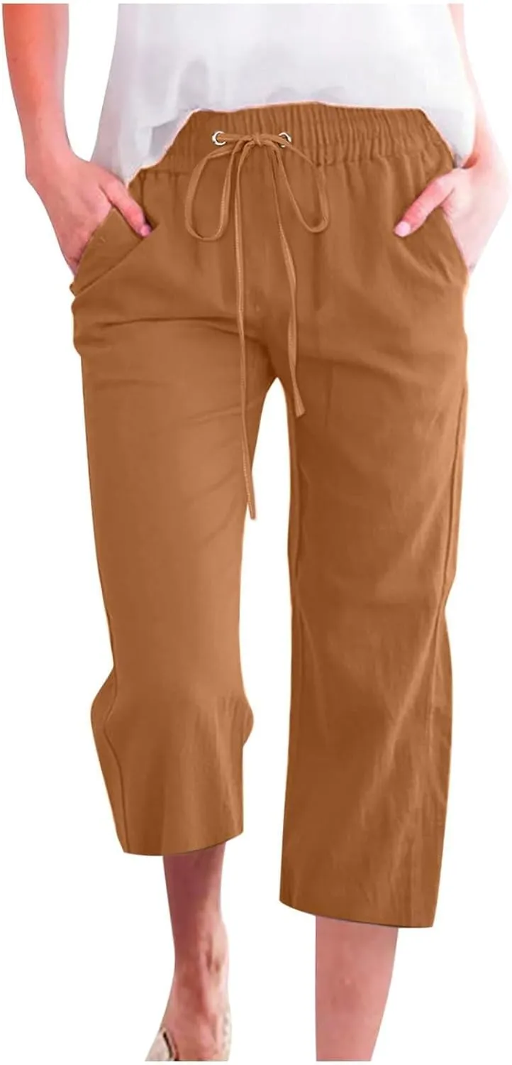 Capris Pants for Women Cotton Linen Casual Summer 2025 Straight Wide Leg Loose Drawstring Elastic Waist Cropped Trouser S-5X