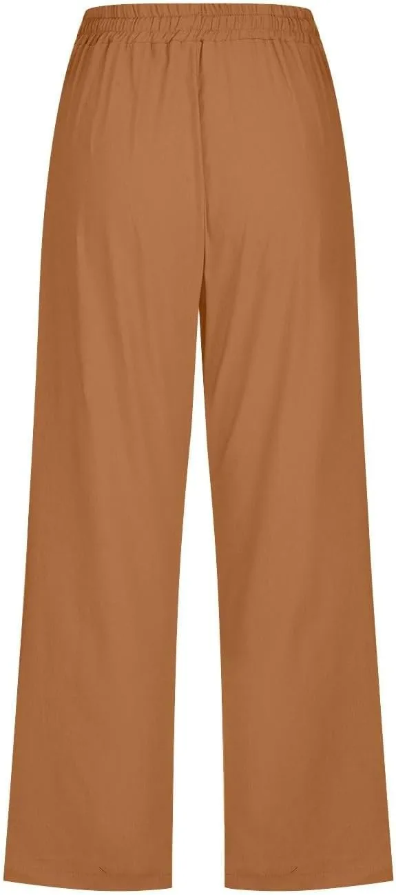 Capris Pants for Women Cotton Linen Casual Summer 2025 Straight Wide Leg Loose Drawstring Elastic Waist Cropped Trouser S-5X
