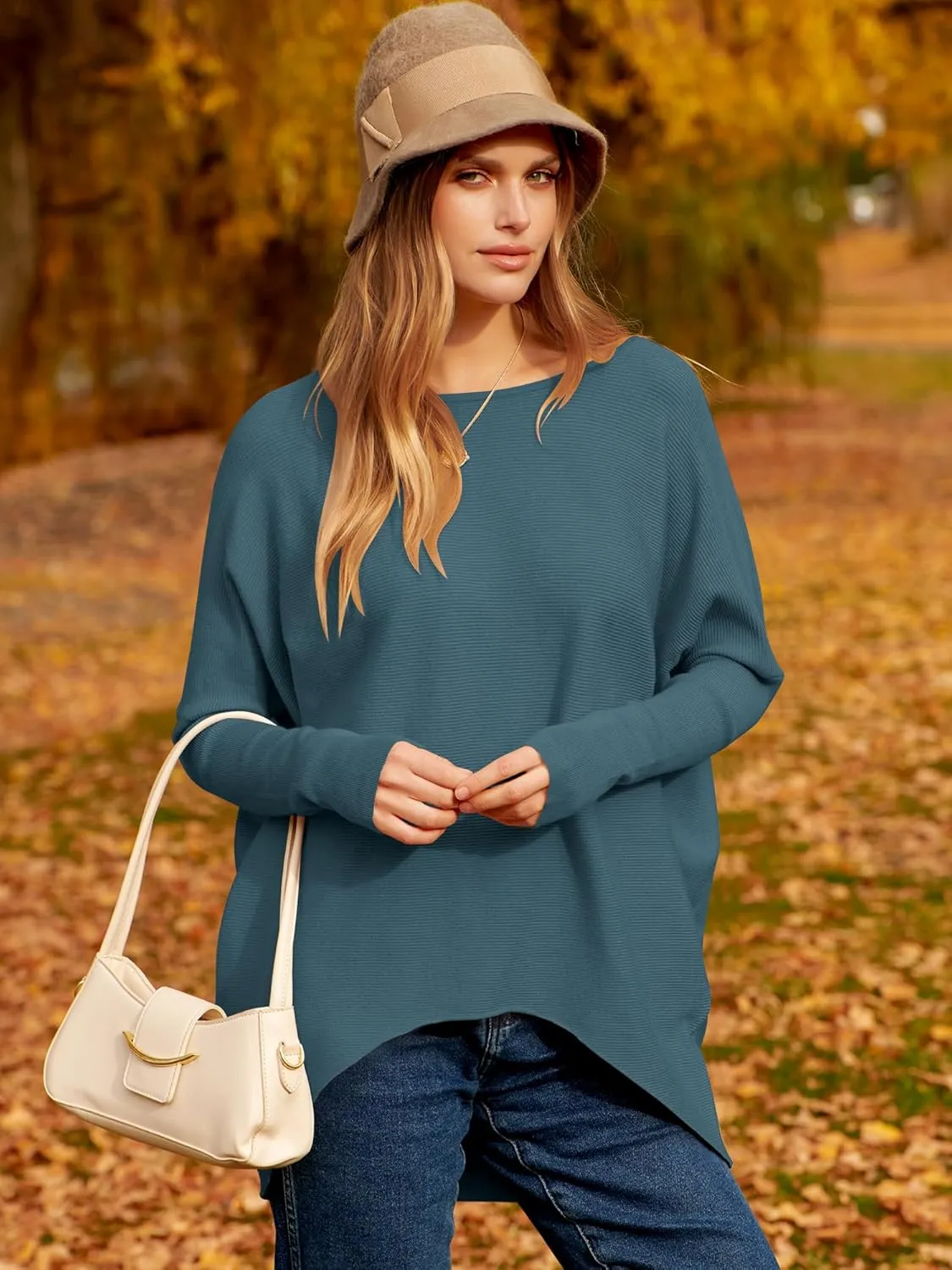 Caracilia Women Boat Neck Batwing Long Sleeve 2024 Fall Oversized Ribbed Knit Pullover Sweaters Baggy Jumper Tunic Tops