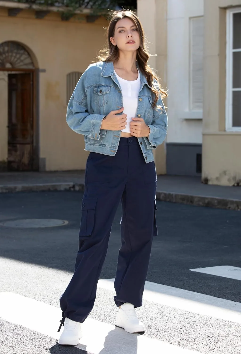 Cargo Pants for Women High Waisted Women's Y2K Baggy Casual Pants with 6 Pockets and Elastic Waist