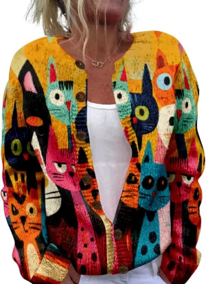 Cat Sweaters for Women Cute Button Up Cardigan Oversized 2024 Fall Fashion Crewneck Dressy Trendy Tunic Sweater