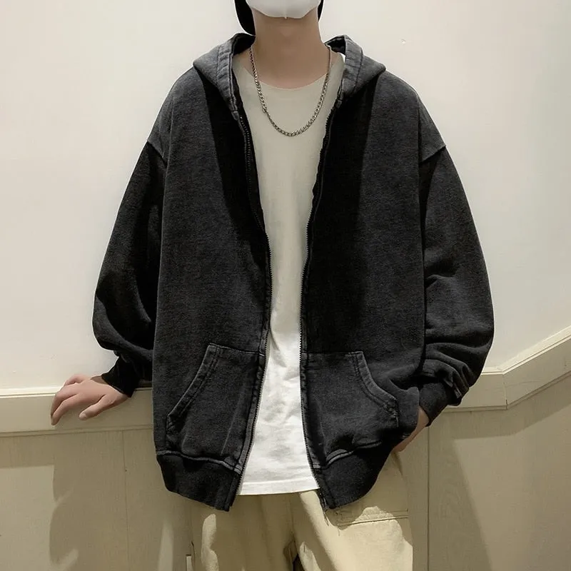 ChicMy-Fall Outfits  Vintage Hoodie Sweatshirts Cardigan Distressed Men's Jacket Coats Black Autumn Loose Casual Japanese Streetwear Hip Hop