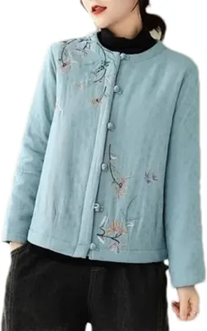 Chinese Style Retro Plate Button Cotton Padded Jacket Women's Autumn Embroidery Coat Round Neck Quilted Tops
