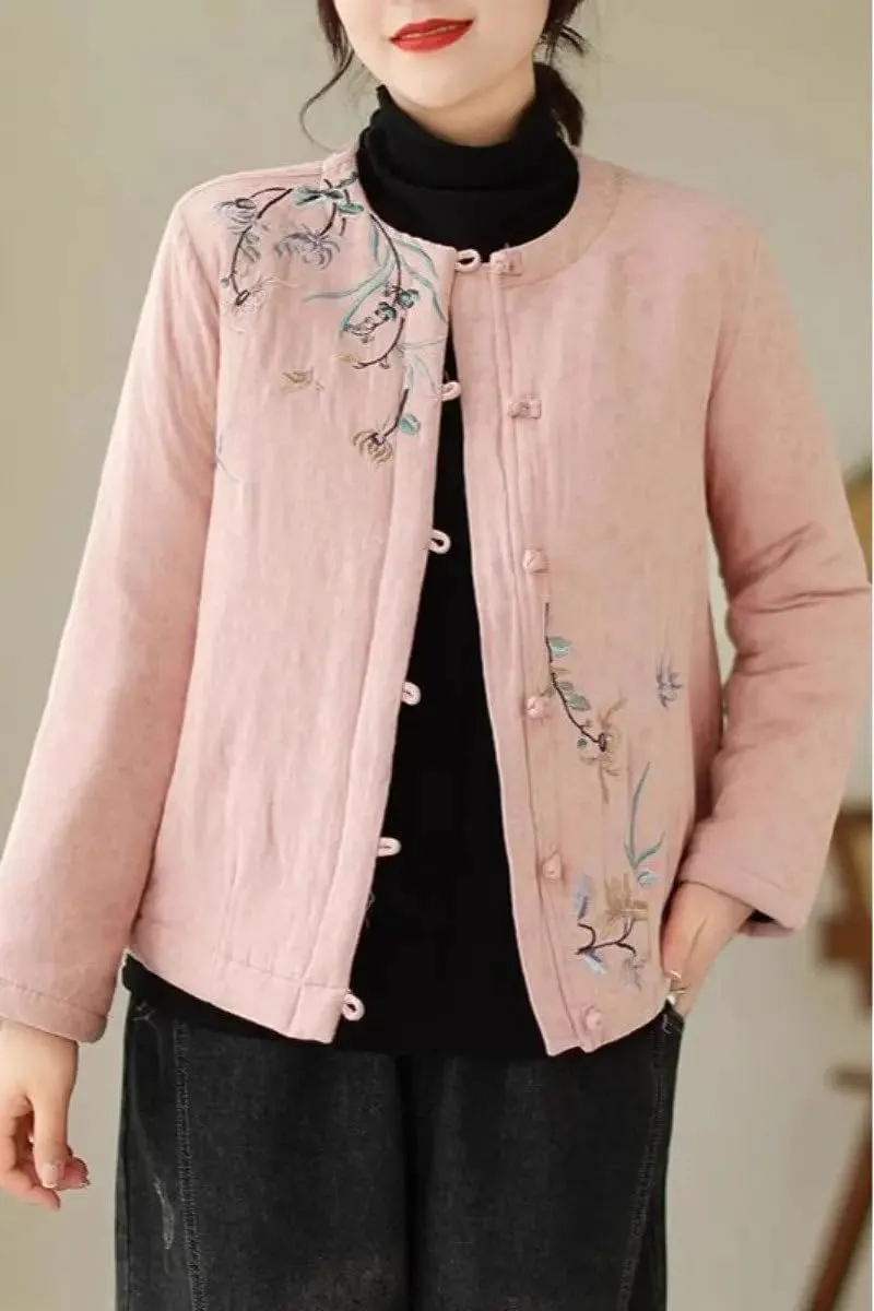 Chinese Style Retro Plate Button Cotton Padded Jacket Women's Autumn Embroidery Coat Round Neck Quilted Tops