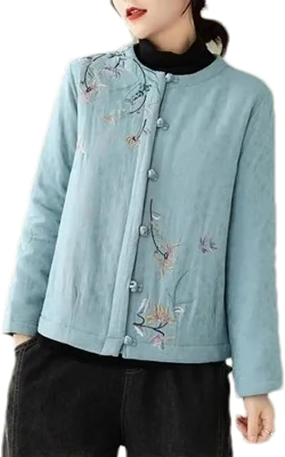Chinese Style Retro Plate Button Cotton Padded Jacket Women's Autumn Embroidery Coat Round Neck Quilted Tops