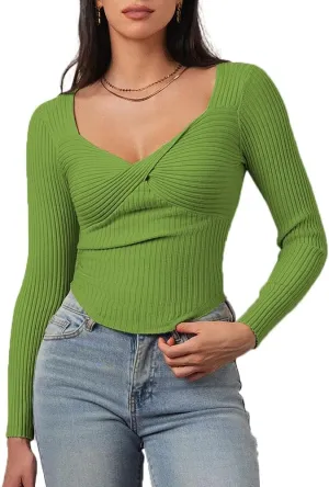 CHYRII Womens Sexy Fall Fashion Twisted Tops Ribbed Knit Winter Pullover Sweater Going Out Crop Tops