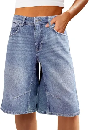 Cicy Bell Womens Summer Wide Leg Denim Shorts Casual Loose Mid Rise Jorts Bermuda Knee Length Jeans Shorts