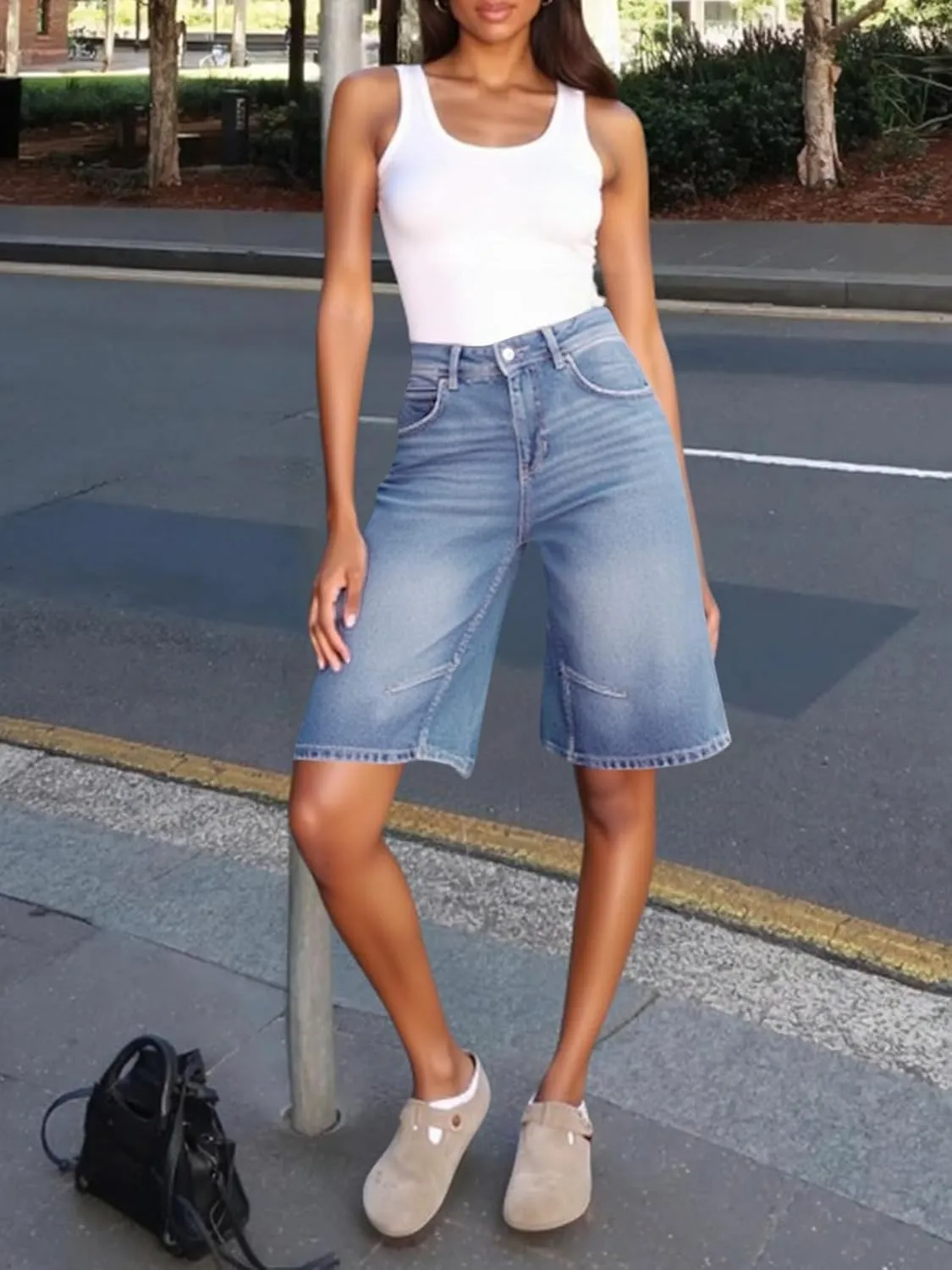 Cicy Bell Womens Summer Wide Leg Denim Shorts Casual Loose Mid Rise Jorts Bermuda Knee Length Jeans Shorts