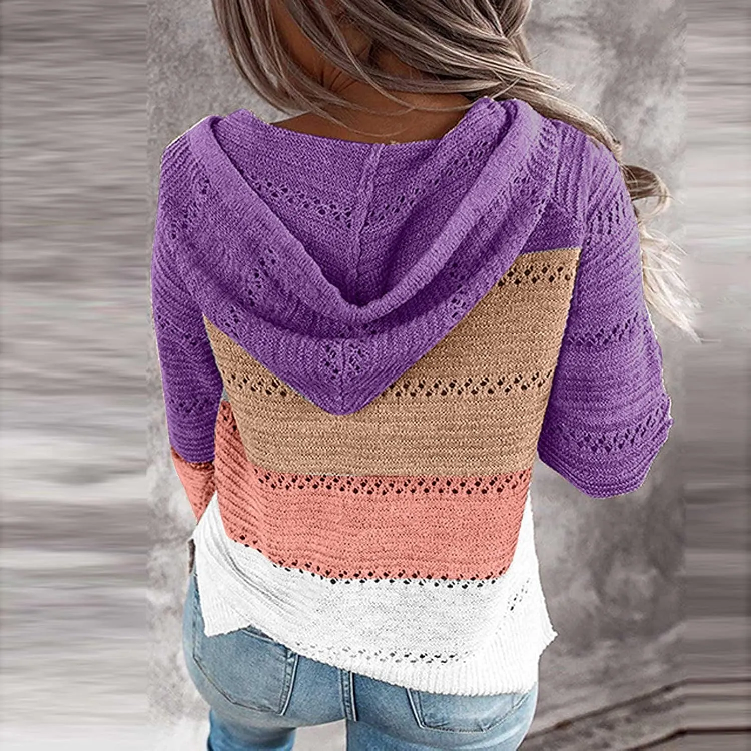 Color Block Hoodie Women V Neck Hooded Sweater Hollow Out Knitted Sweatshirts Y2K Long Sleeve Fall Sweatshirt