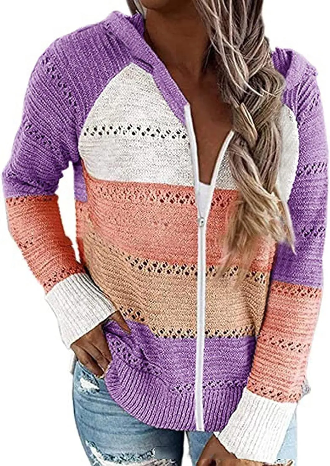 Color Block Hoodie Women V Neck Hooded Sweater Hollow Out Knitted Sweatshirts Y2K Long Sleeve Fall Sweatshirt