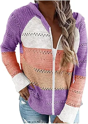 Color Block Hoodie Women V Neck Hooded Sweater Hollow Out Knitted Sweatshirts Y2K Long Sleeve Fall Sweatshirt