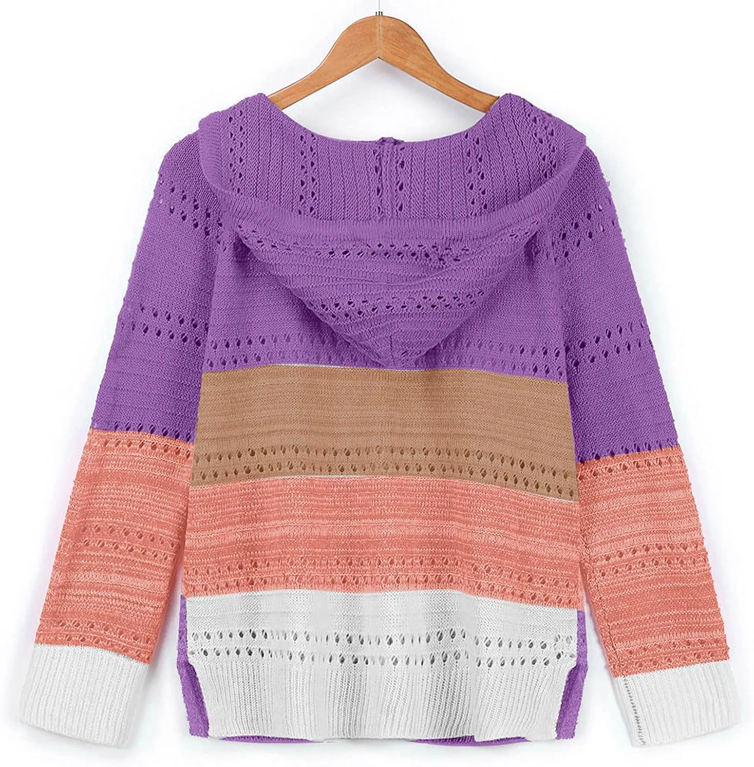 Color Block Hoodie Women V Neck Hooded Sweater Hollow Out Knitted Sweatshirts Y2K Long Sleeve Fall Sweatshirt