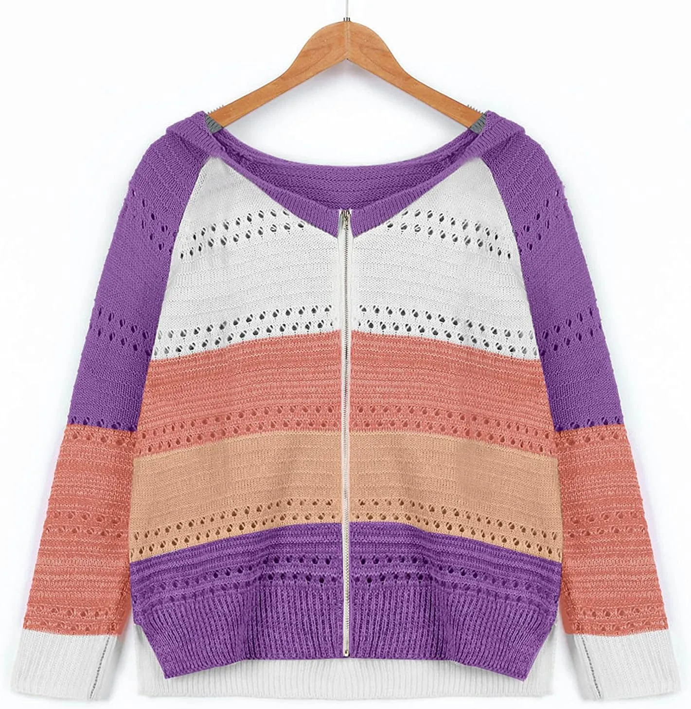 Color Block Hoodie Women V Neck Hooded Sweater Hollow Out Knitted Sweatshirts Y2K Long Sleeve Fall Sweatshirt